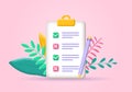 Checklist on clipboard. 3d check list icon. Paper, document with note or task. Royalty Free Stock Photo